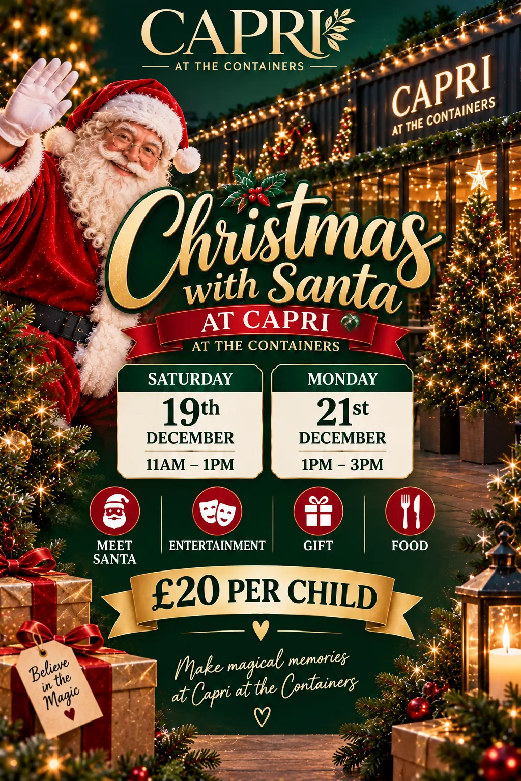Christmas with Santa at Capri at the Containers poster, £20 per child